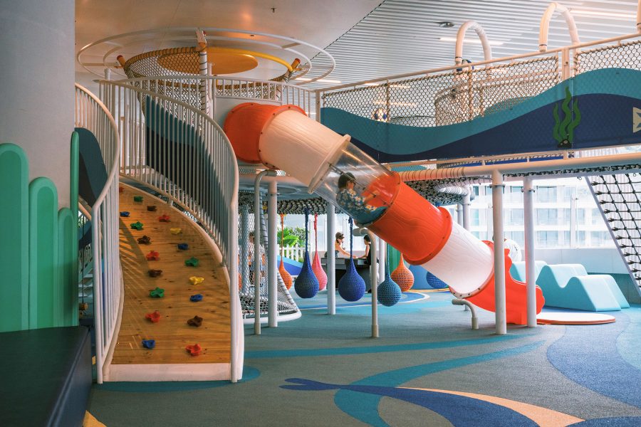 Interior view of MGM Shenzhen’s Leo Kids Club in Xiaomeisha, Shenzhen, featuring a colourful indoor playground with slide