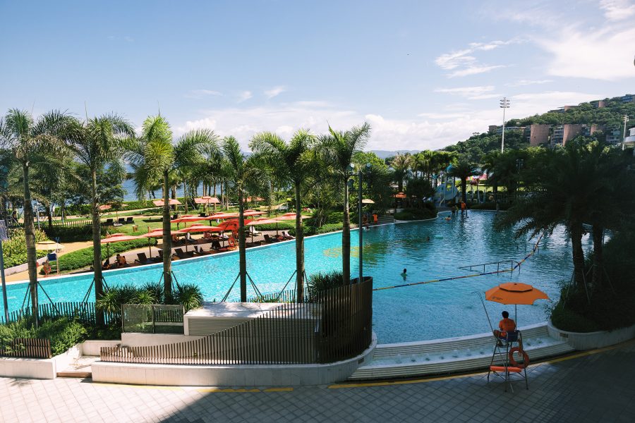 A view of the outdoor pool on a sunny day at MGM Shenzhen in Xiaomeisha, Shenzhen