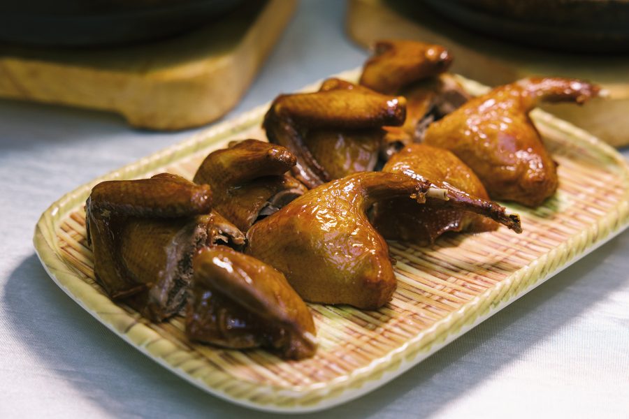 A closeup of roasted pigeon, served at Wu Gu Fang on Haidu Street in Xiaomeisha, Shenzhen