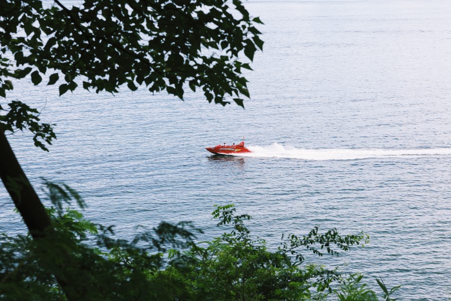 A speed boat, seen from a distance behind a tree on a sunny day 