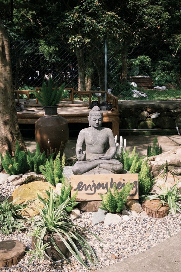 A Buddha statue set amongst a rock garden and plants.