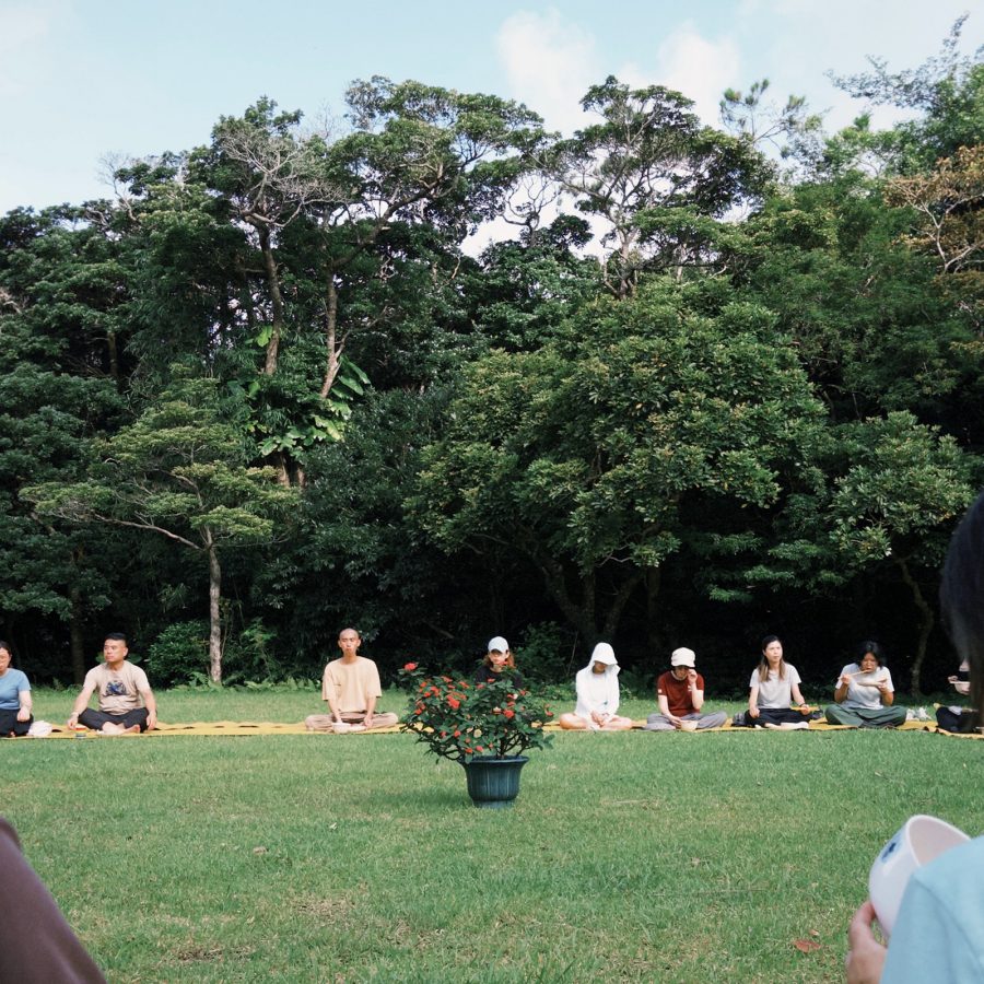 People sitting in a field meditating at the Lotus Pond Temple in Ngong Ping.