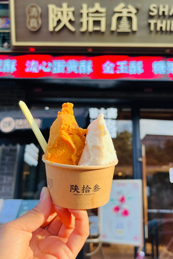 Person holding up a bowl of Chinese ice cream served at Shaan Pastry in Xi’an.
