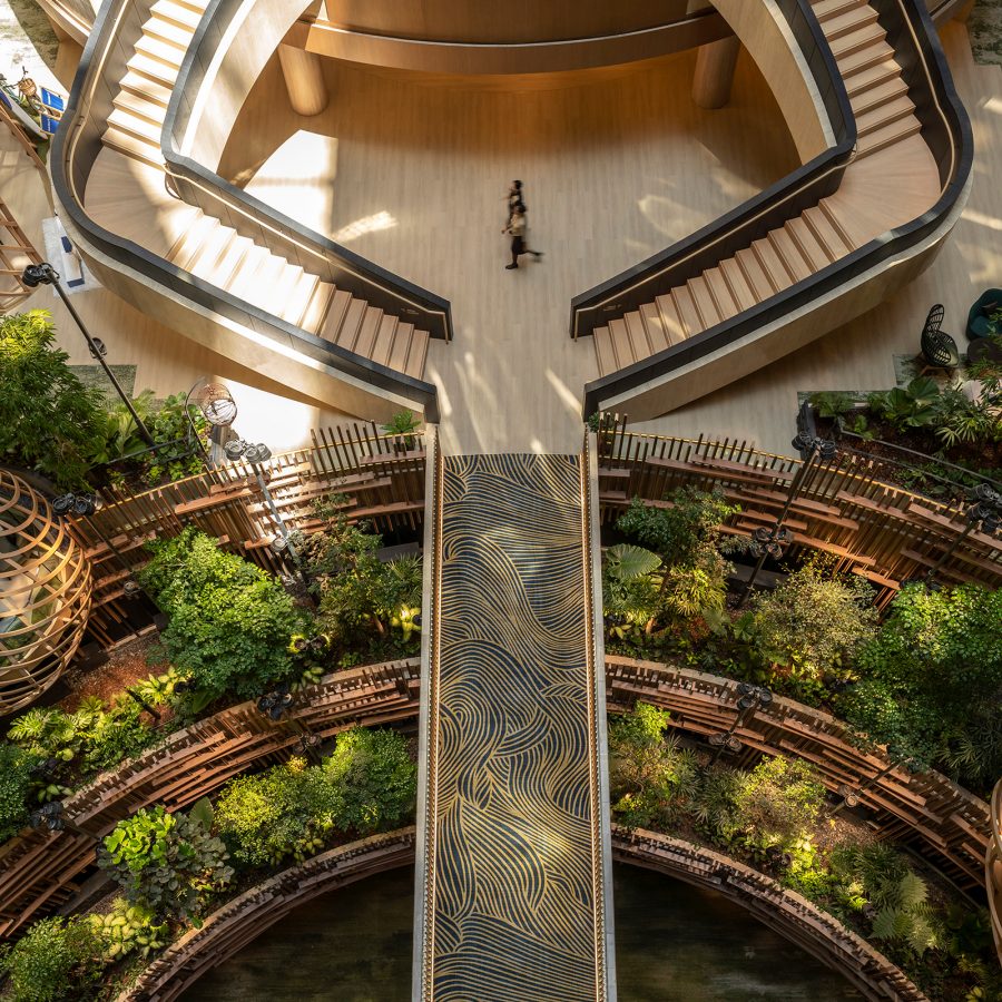 A view of the lobby at Park Royal Collection Marina Bay hotel from the top.