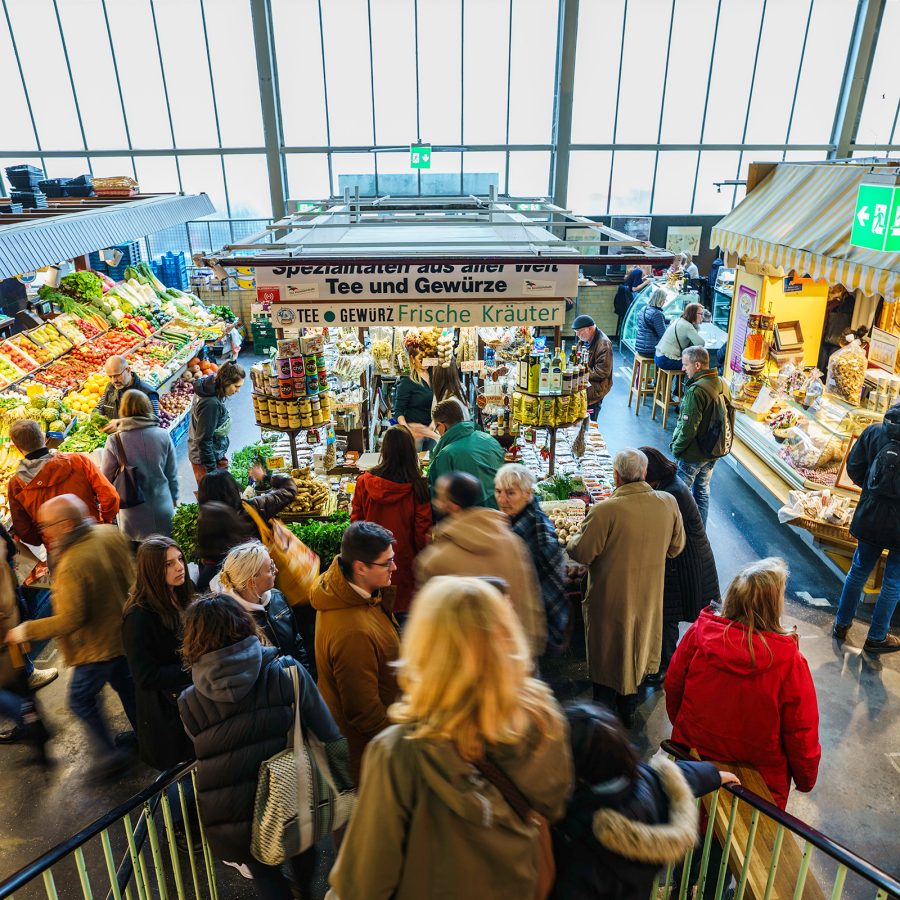 Interior view of visitors at Kleinmarkthalle, Frankfurt’s indoor market.