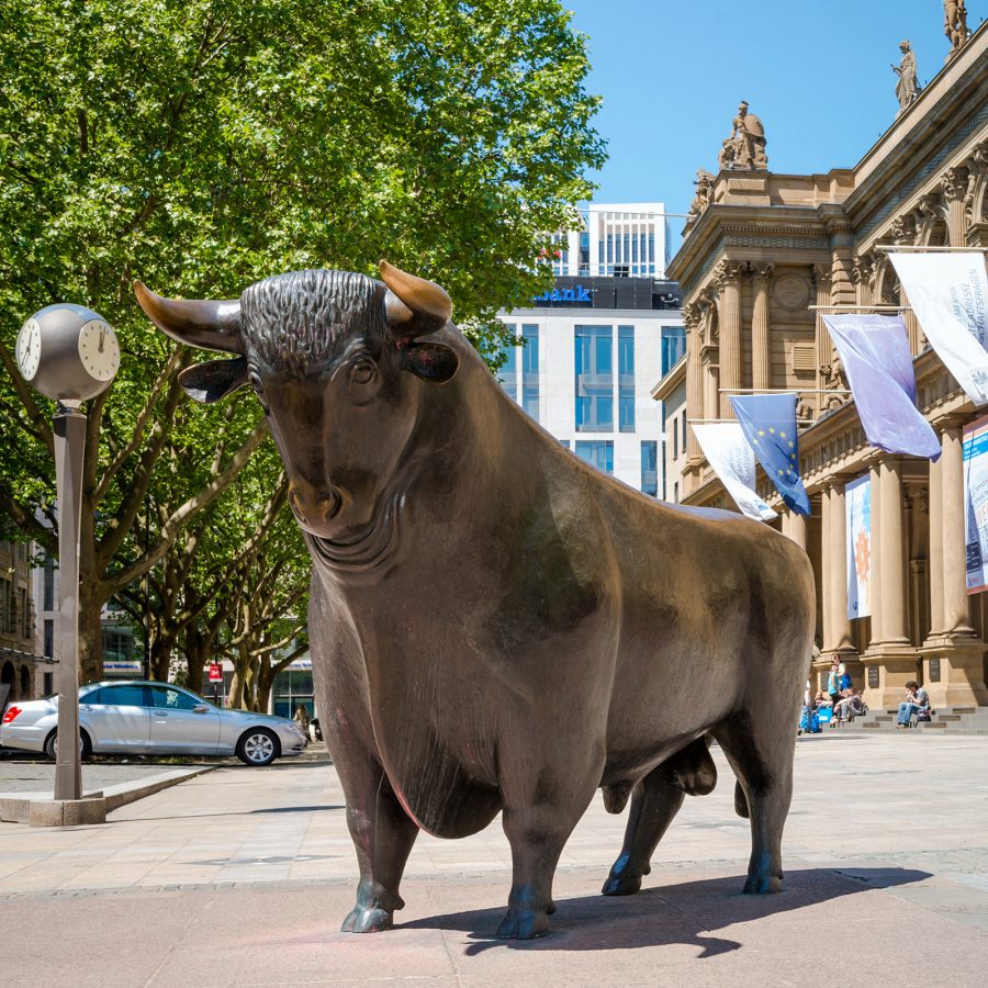 Exterior view of a statue of a bull outside Frankfurt’s stock exchange. 