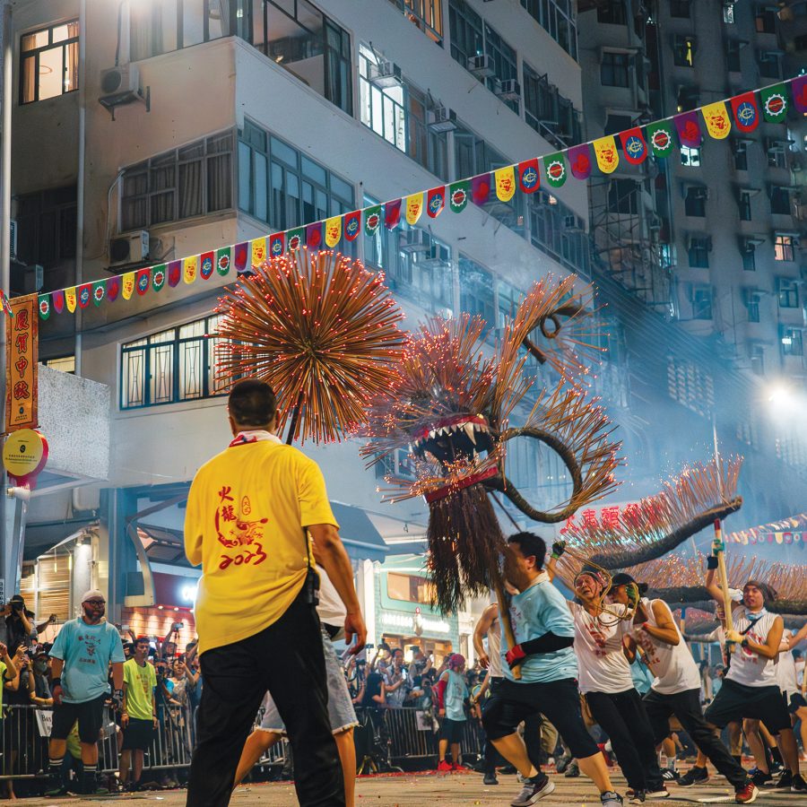 Dancers perform the Fire Dragon Dance on the streets of Hong Kong.
