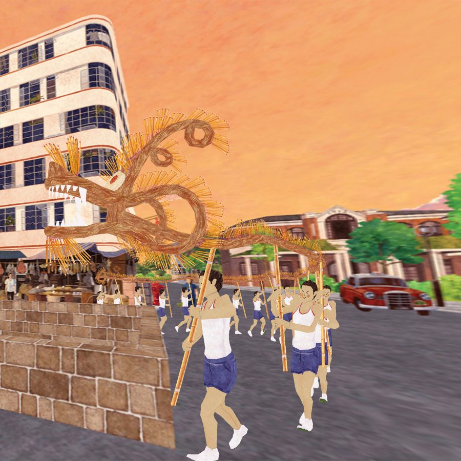 An artwork from City in Time depicts dancers performing the Fire Dragon Dance on the streets of Hong Kong in the past.