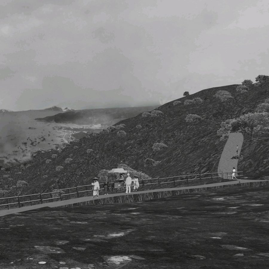 A black and white image from City in Time shows people walking on a path atop a mountain which appears to be Victoria Peak.