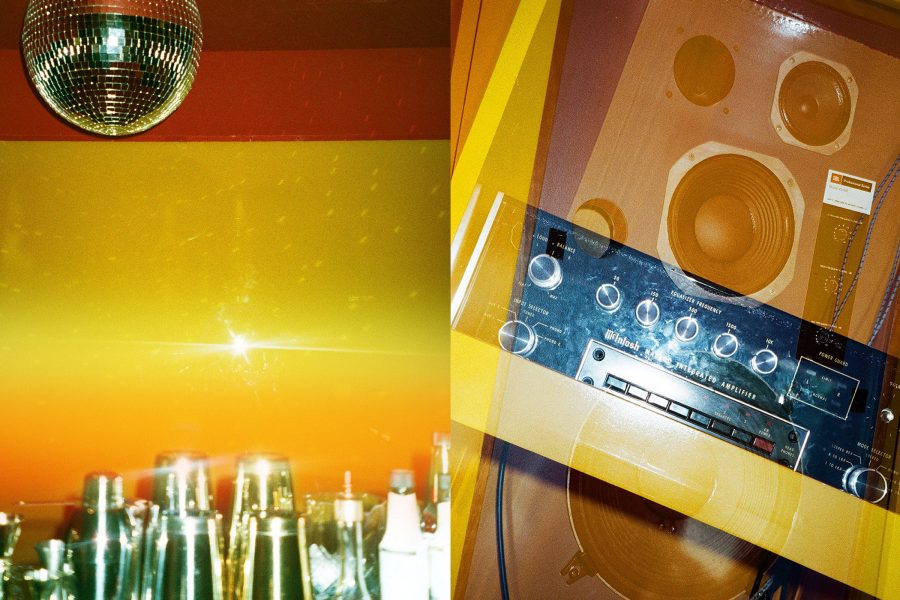 A collage features retro visuals including a disco ball and a hi-fi stereo system.
