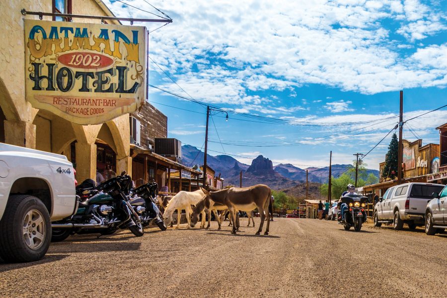 A street in Oatman, with cars, motorcycles, donkeys and a sign for the Oatman Hotel Restaurant & Bar, with mountains in the distance.