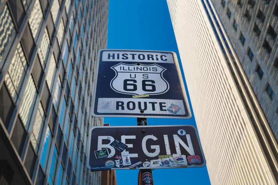 A close-up of the official Route 66 sign on East Adams Street.