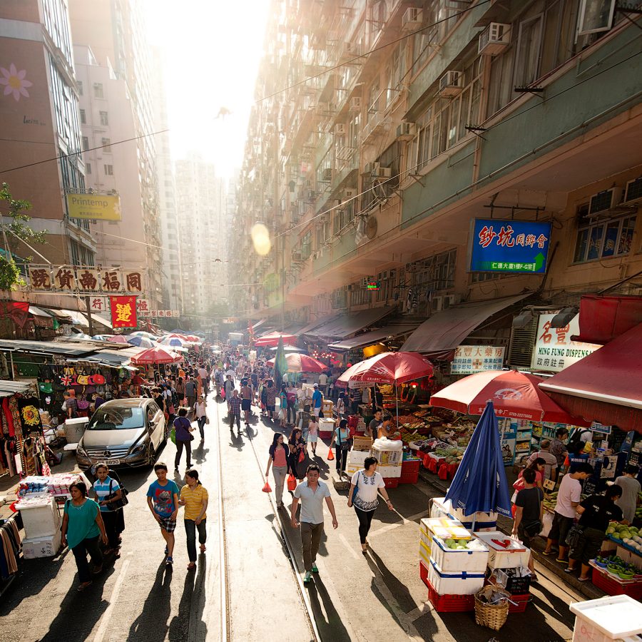 A streetview of Chun Yeung Street market on a sunny day in North Point, Hong Kong