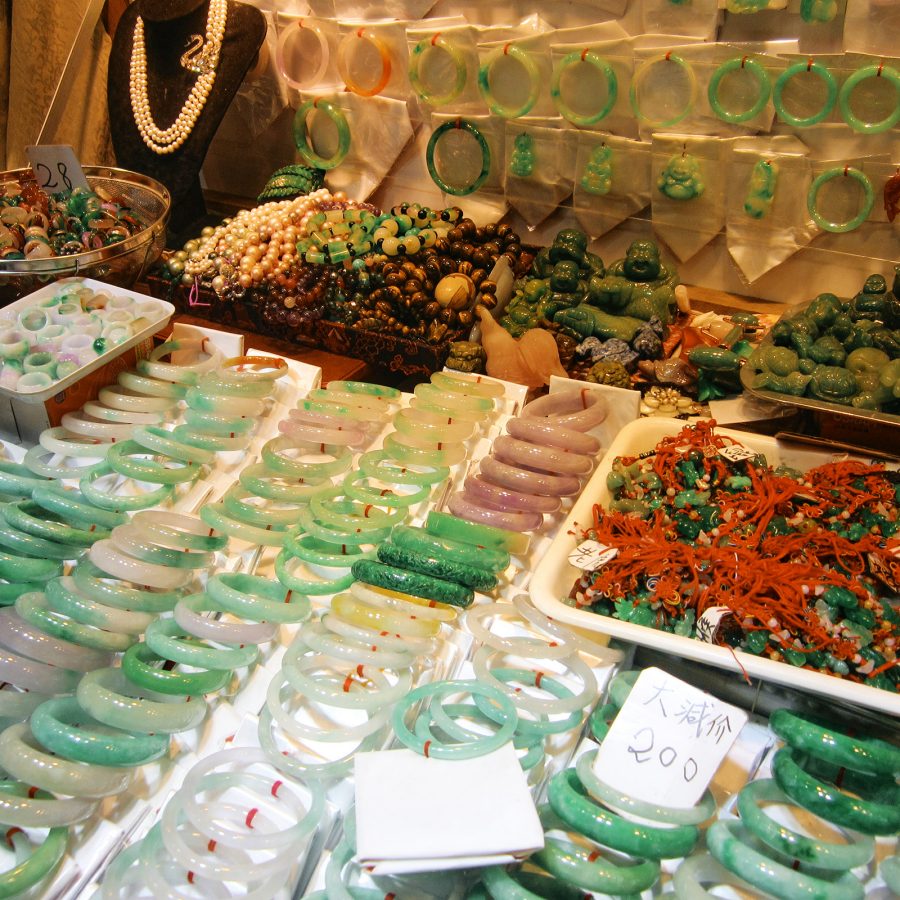 A closeup of jade bracelets on display at Temple Street Night Market in Jordan, Hong Kong