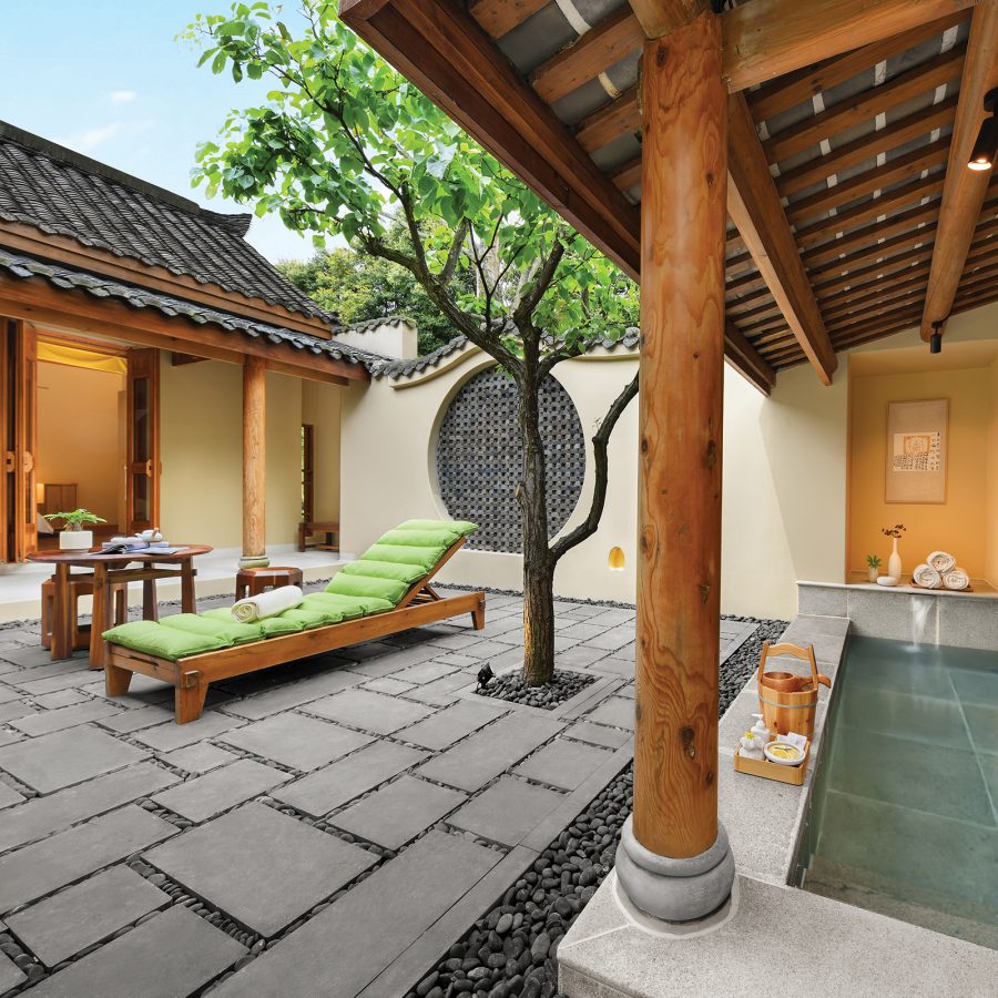 A view of the courtyard at Six Senses Qing Cheng Mountain