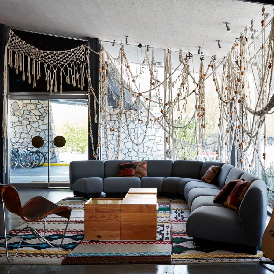 A sofa in a lounge at Ace Hotel & Swim Club, Palm Springs.