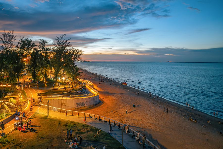 Sunset view over a beach in Haikou.