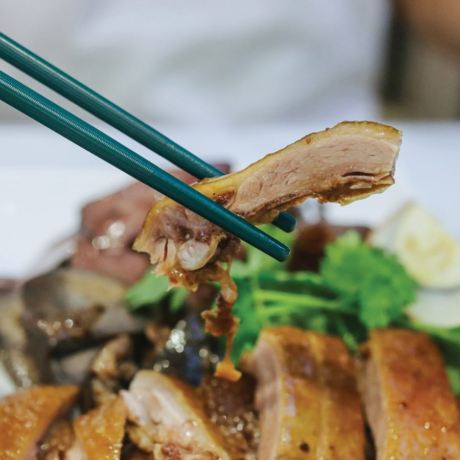 Picking up a piece of goose with chopsticks. 