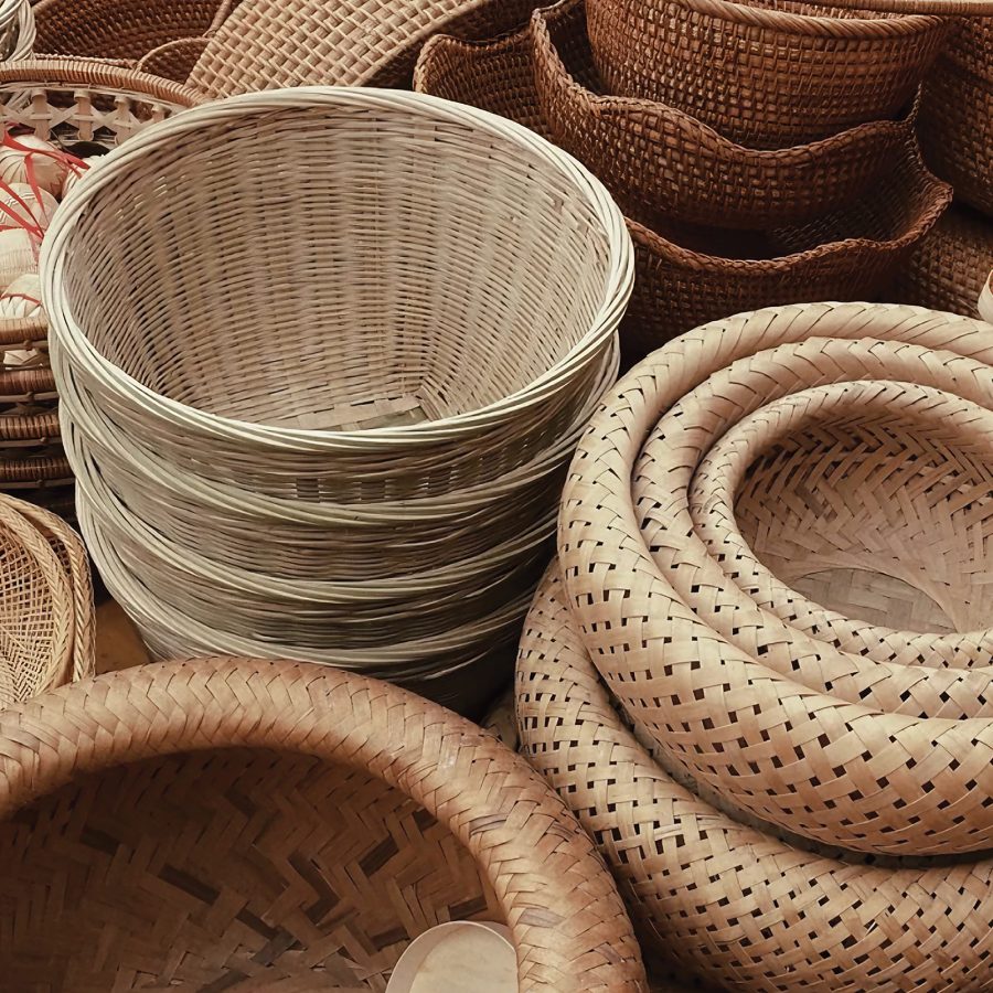 Stacks of elaborately woven bamboo baskets made at Liu Shi Zhu Bian in Chengdu.