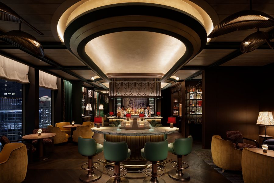 The interiors of Canes & Tales at the Waldorf Astoria Osaka at night.