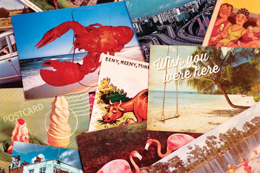 A collage of retro postcards.