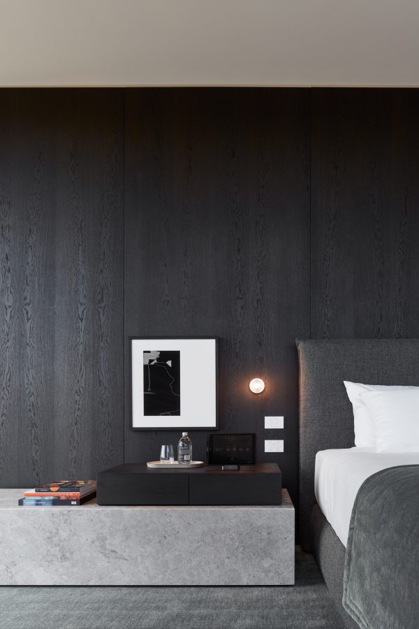 A view of the modern interior design inside the guestroom of Eos by SkyCity hotel in Adelaide.