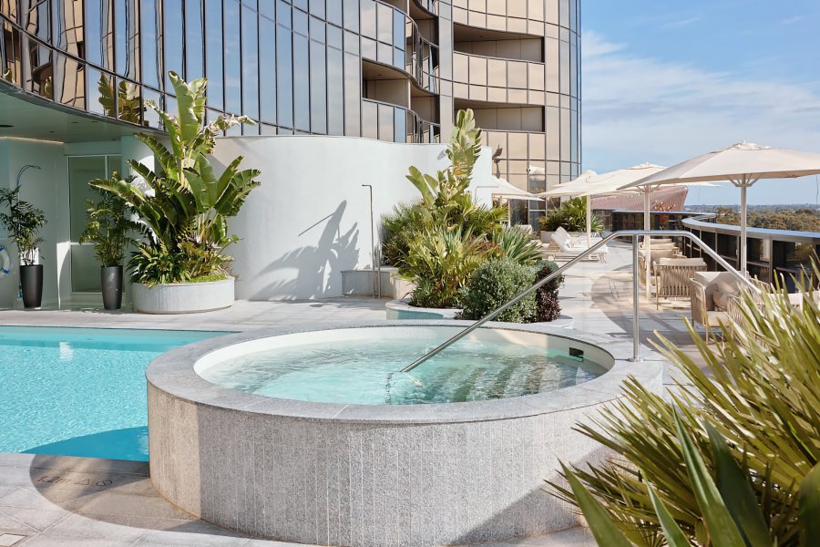 A view of the outdoor rooftop pool on the leisure deck of Eos by SkyCity hotel in Adelaide.
