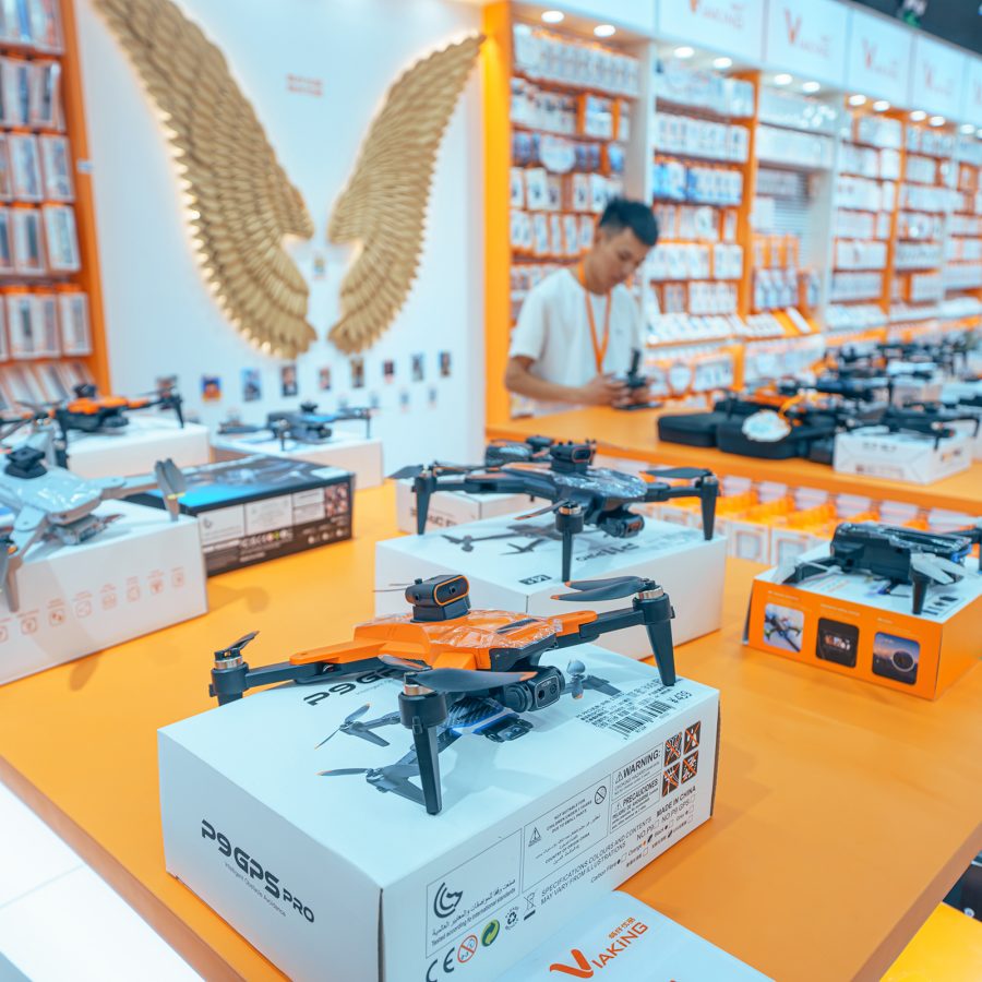 Various drones on display at an electronics shop in China 
