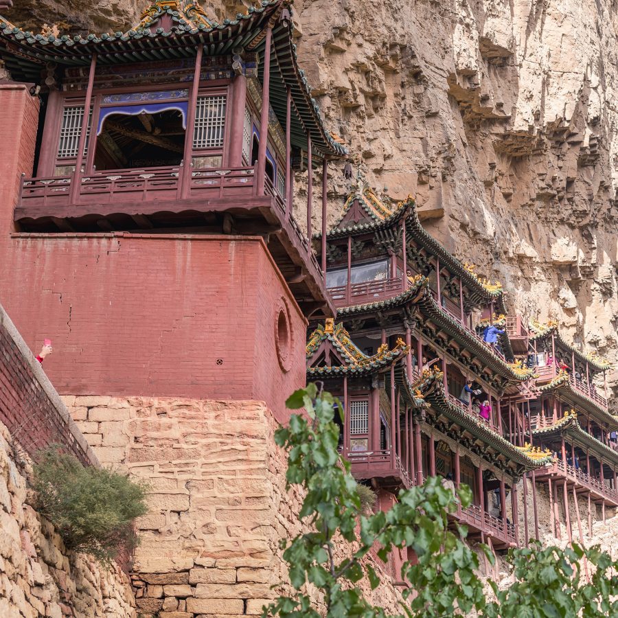 A view of the hanging temple, seen from below, located on the side of Cuiping Peak in Hengshan mountain in Shanxi Province, China 