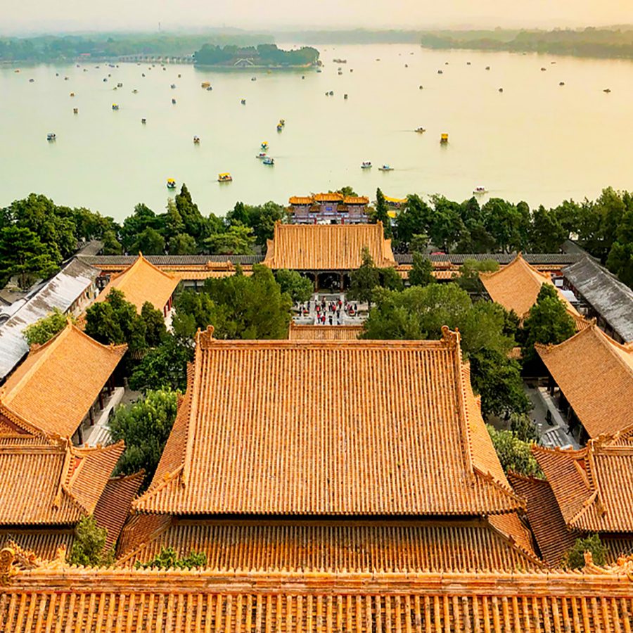 A bird’s eye view of the Summer Palace and its traditional Chinese garden overlooking Kunming Lake in Beijing, China