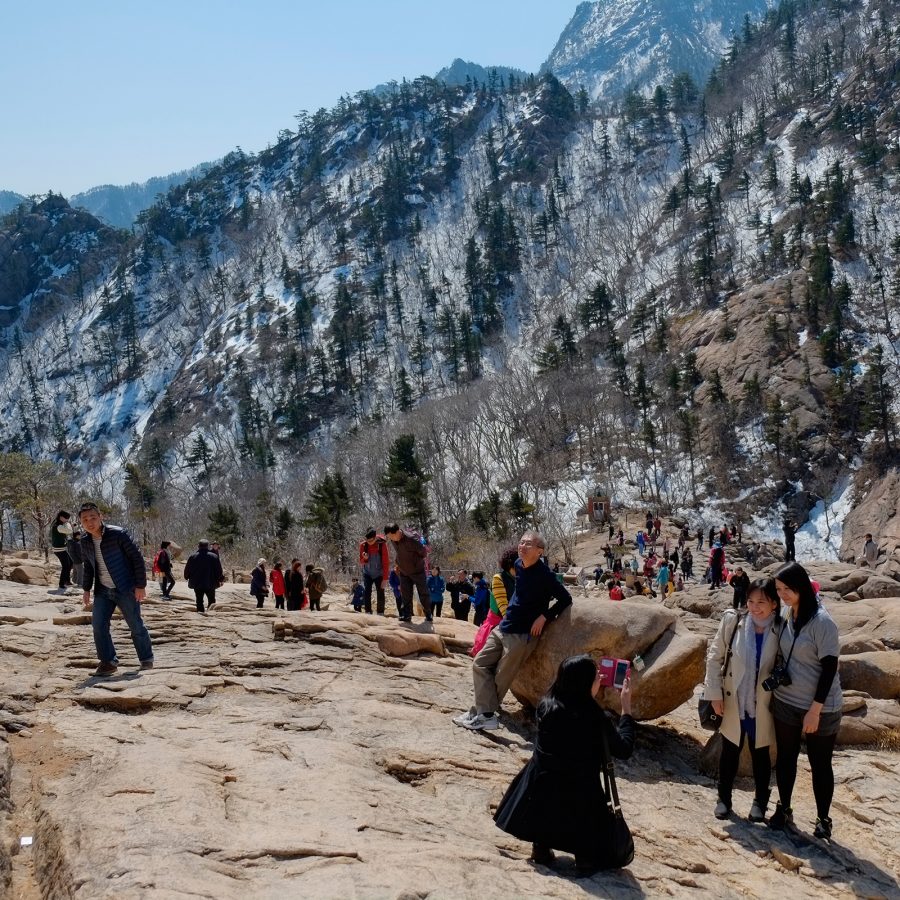 Hikers at Seoraksan National Park, South Korea, in winter.