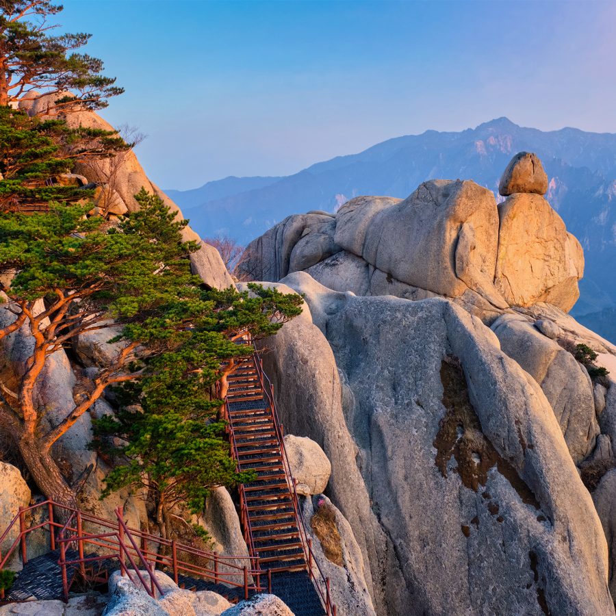 Ulsanbawi Rock at Seoraksan National Park, South Korea, at dusk.