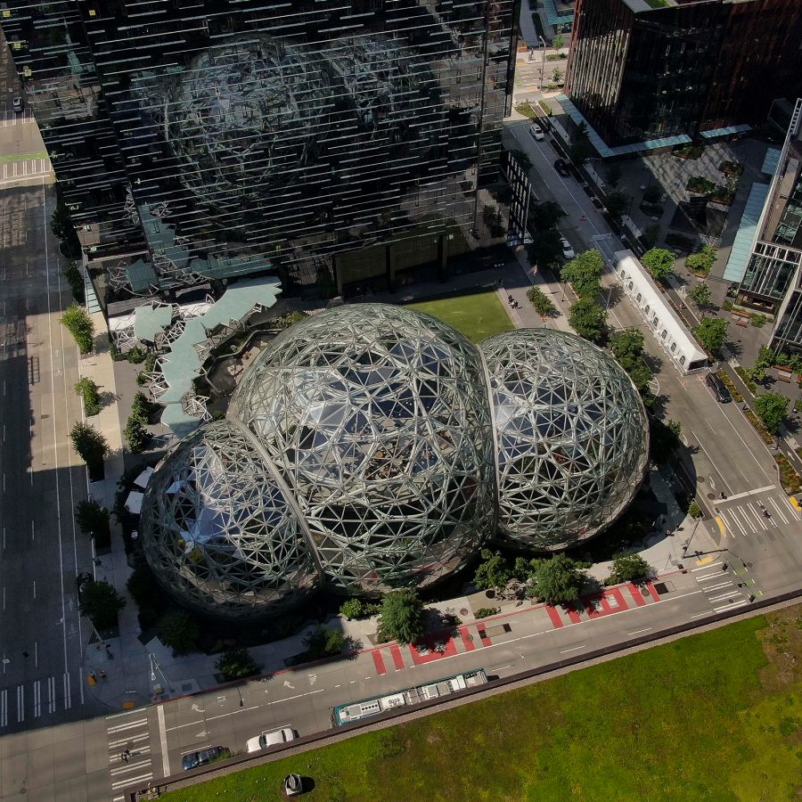 Bird’s eye view of the Chihuly Garden and Glass conservatory in Seattle.