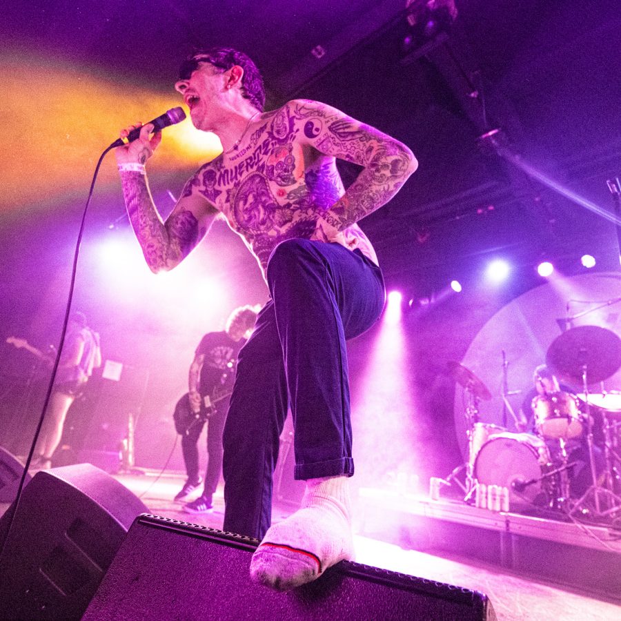 Singer stands on a speaker as they sing into a microphone on a purple lit stage.