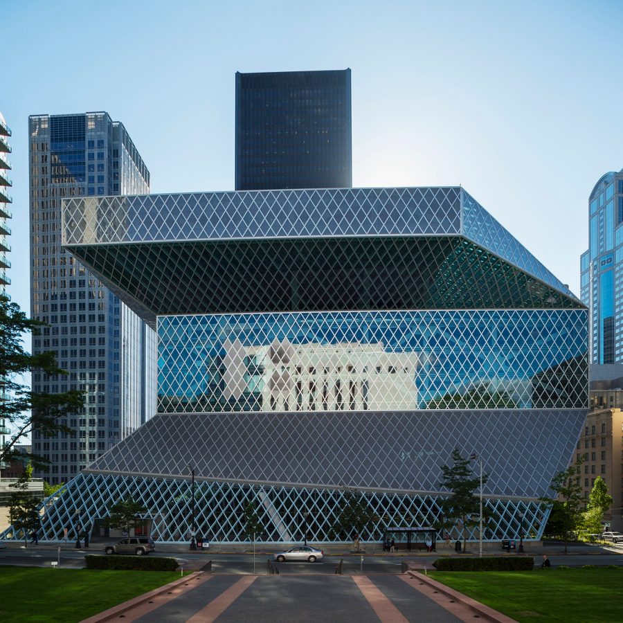 View of the unusual architecture of The Central Library in Seattle