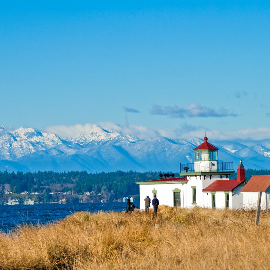 A view of Seattle’s landscape with white-capped mountains and evergreen trees alongside the water.