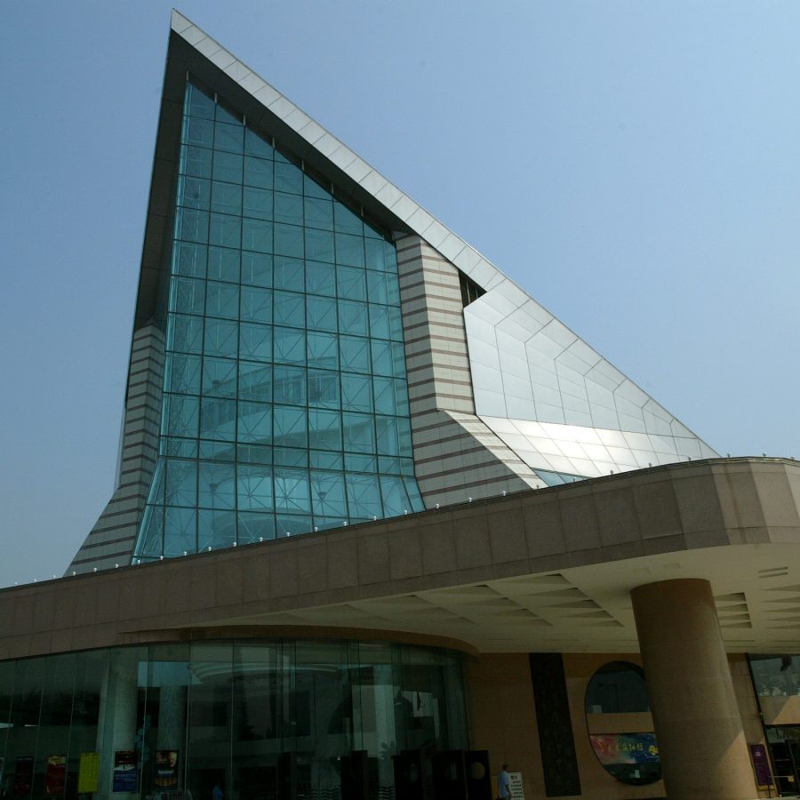 The exterior of Xinghai Concert Hall in Guangzhou is a striking angular building.