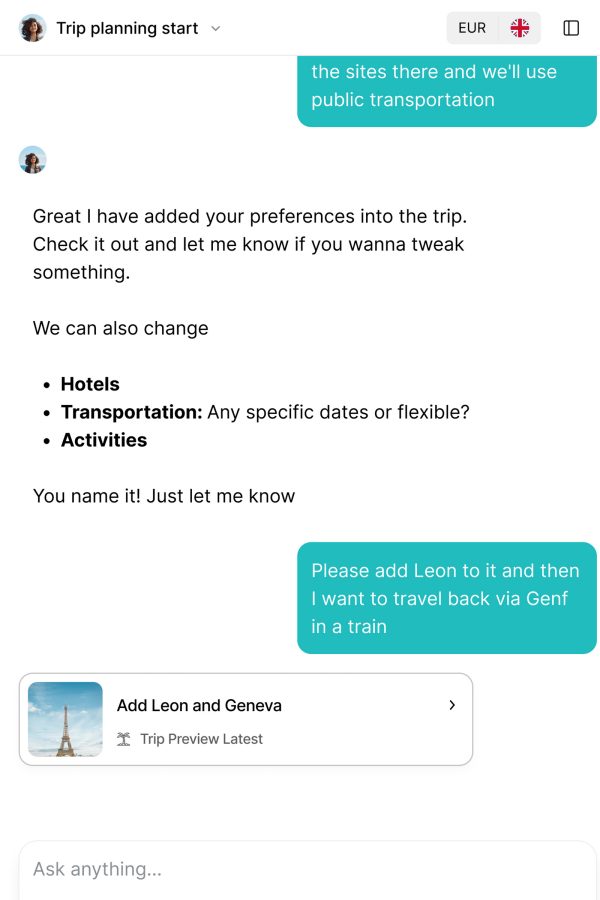 A screenshot example of how to use Layla, a AI trip planner assistant travel app.