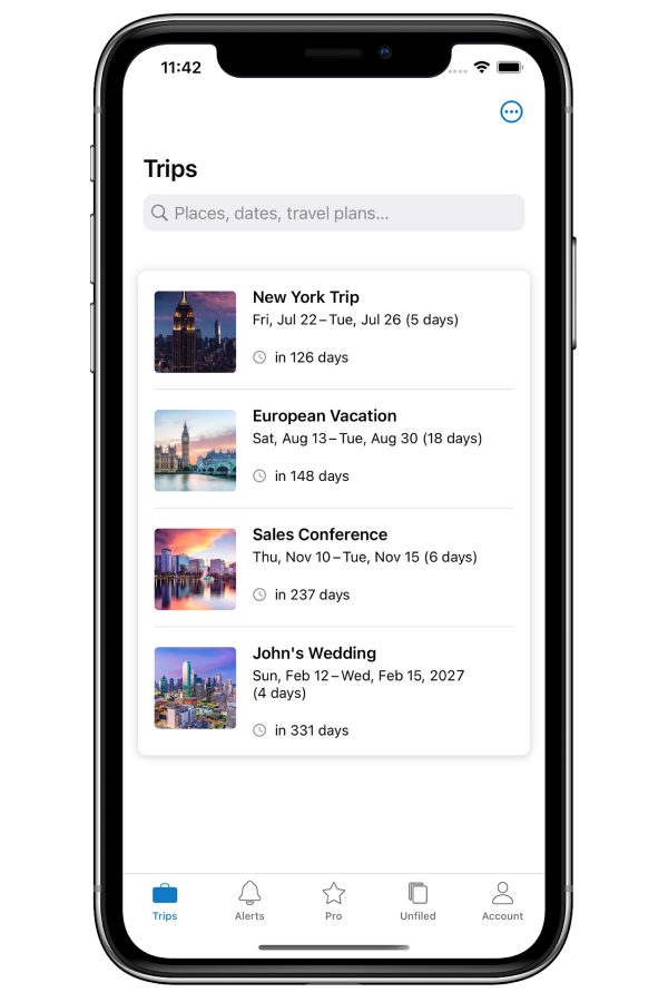 A smartphone image with an example of TripIt travel planning app and a list of travel destinations on the screen.