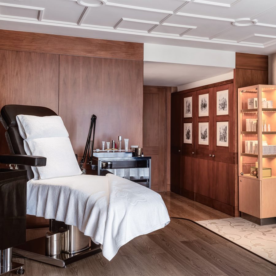 A reclining chair covered with bedding is used for manicures and pedicures at Mandarin Oriental, Hong Kong.