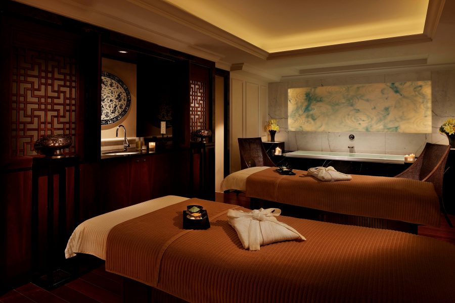 Two beds lie side by side at The Peninsula Spa in Shanghai. 