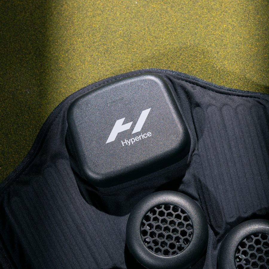 Close-up of the logo on the Hyperice X Knee. 