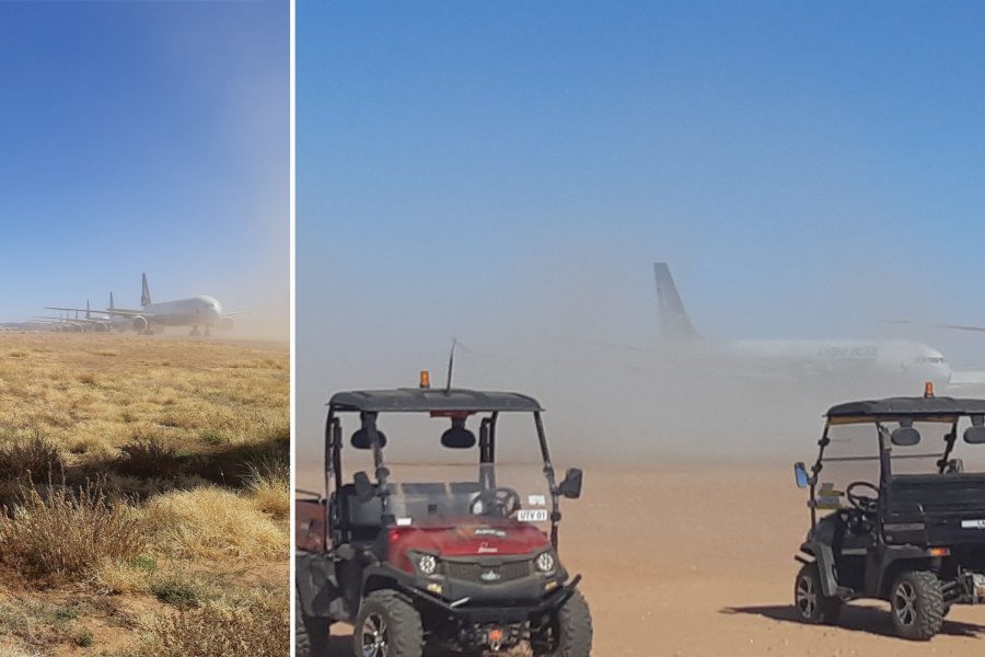 Side-by-side images of Cathay Pacific airplanes on a dusty field and utility vehicles with a Cathay Pacific plane in the background.