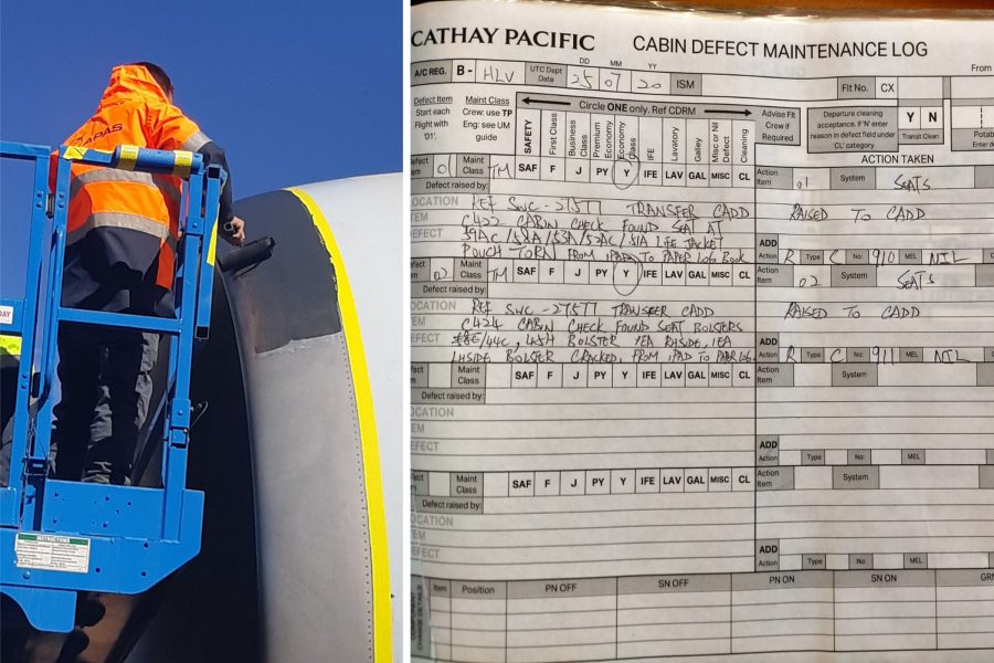 Aircraft engine maintenance and Cathay Pacific cabin maintenance defect log with handwritten notes.
