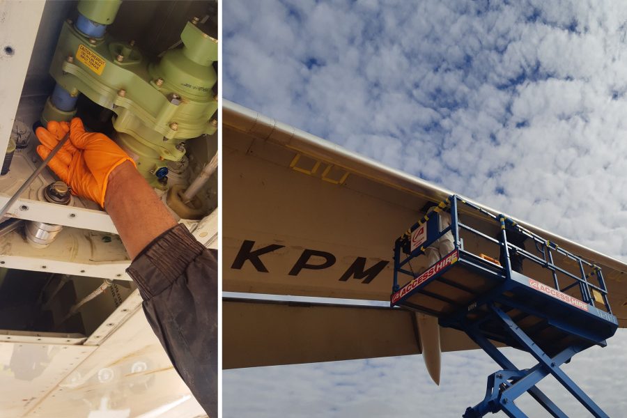 Composite image of aircraft maintenance—one worker handling internal components, another on a lift inspecting a wing.