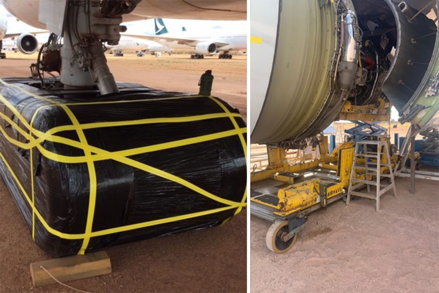 Aircraft maintenance scenes showing wrapped landing gear and engine servicing.