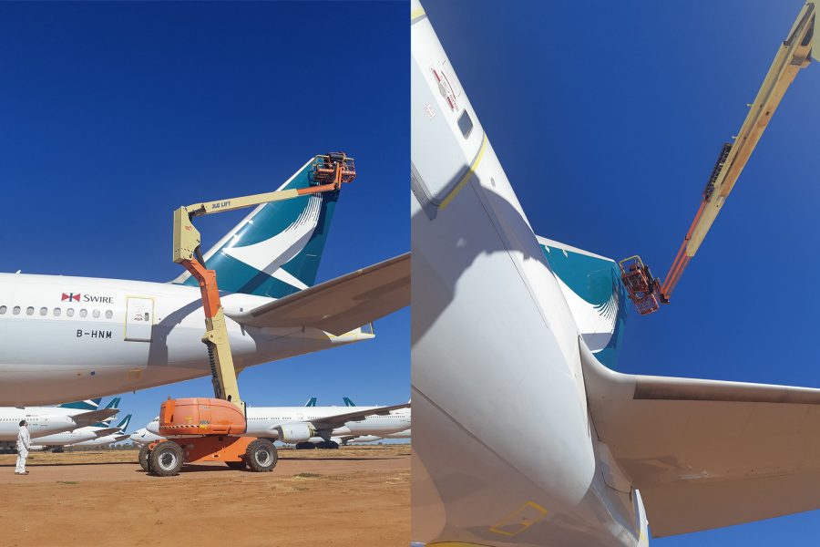 Cathay Pacific aircraft tail section being serviced with a JLG lift, shown in wide and close-up views.