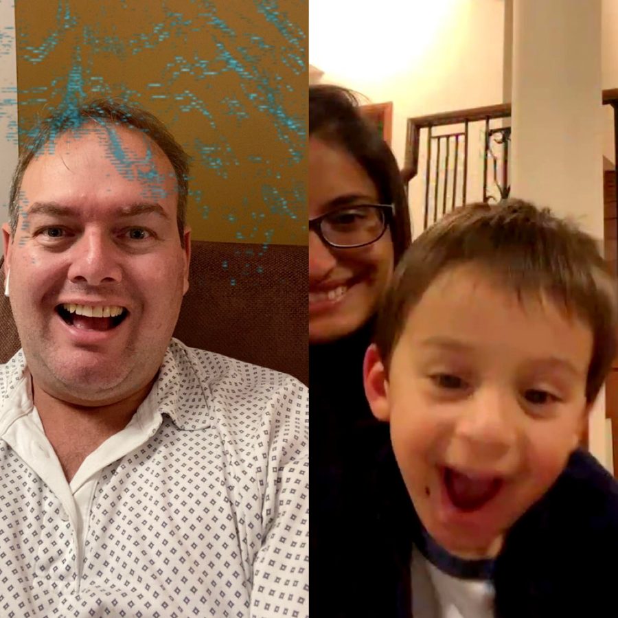 A man on the left and a woman with a child on the right are smiling joyfully during a video call.