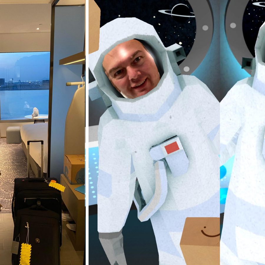 Split image showing a hotel room with a city view on the left, and two people in astronaut suits in a space-themed setting on the right.