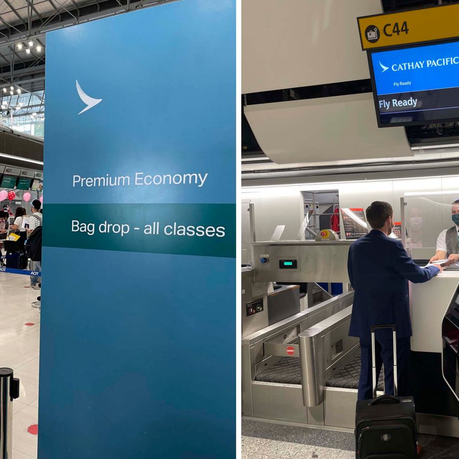 Passenger interacting with a Cathay Pacific team member at the check-in counter